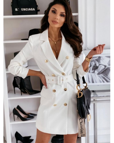 Women Blazer Dress White Double Breasted Solid Color Slim Fit Casual Belt Outerwear Chic  Modern Spring Fall Winter Office  Career