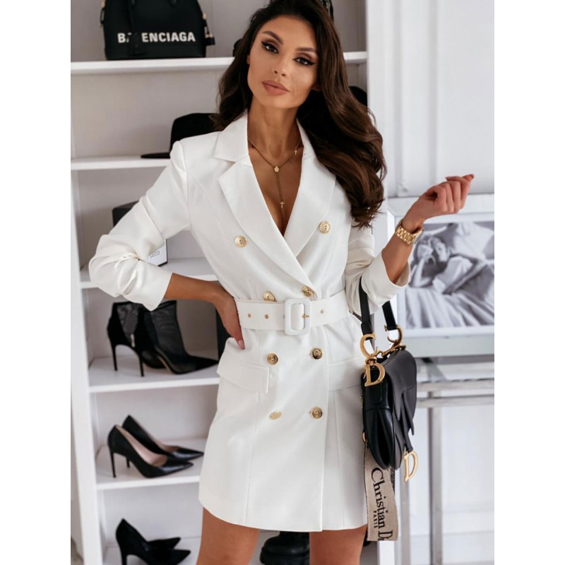 Women Blazer Dress White Double Breasted Solid Color Slim Fit Casual Belt Outerwear Chic  Modern Spring Fall Winter Office  Career