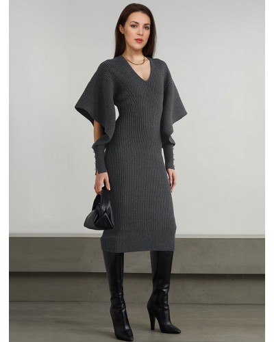 Women Knitted Dress Long Sleeves V-Neck Midi Dress Sweater Fall Winter