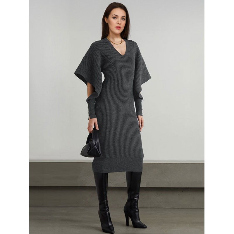 Women Knitted Dress Long Sleeves V-Neck Midi Dress Sweater Fall Winter