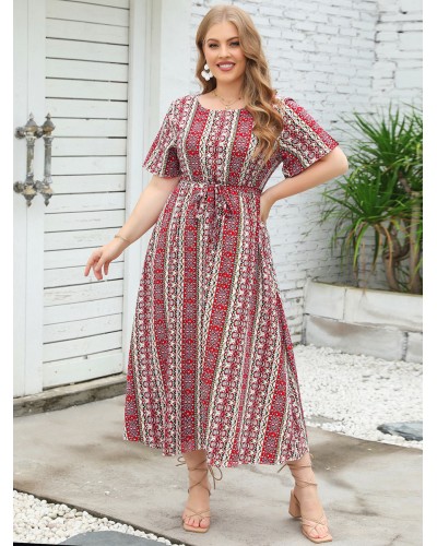 Plus Size Dress For Women Jewel Neck Short Sleeves Printed Sash Long One Piece Dress Casual Field Resort Wear