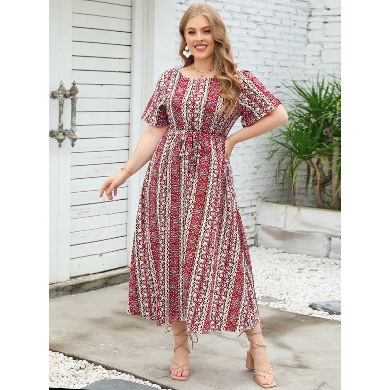 Plus Size Dress For Women Jewel Neck Short Sleeves Printed Sash Long One Piece Dress Casual Field Resort Wear