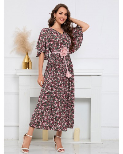 Women Floral Maxi Dresses Flowers V-Neck Half Sleeves Zipper Casual Fall Long Dress Bodycon Street Wear Daily Casual Resort Wear