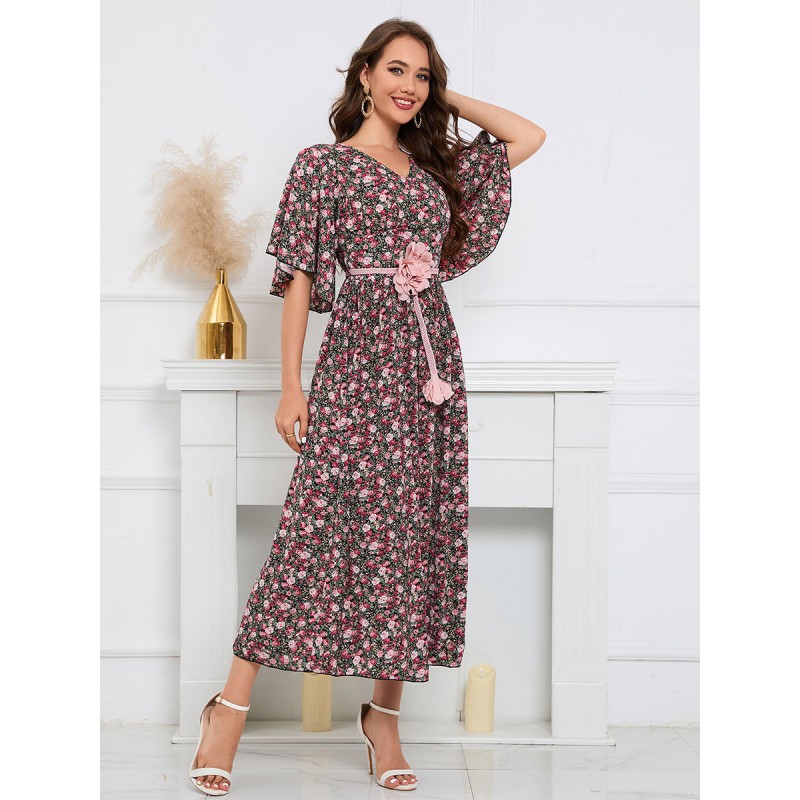 Women Floral Maxi Dresses Flowers V-Neck Half Sleeves Zipper Casual Fall Long Dress Bodycon Street Wear Daily Casual Resort Wear