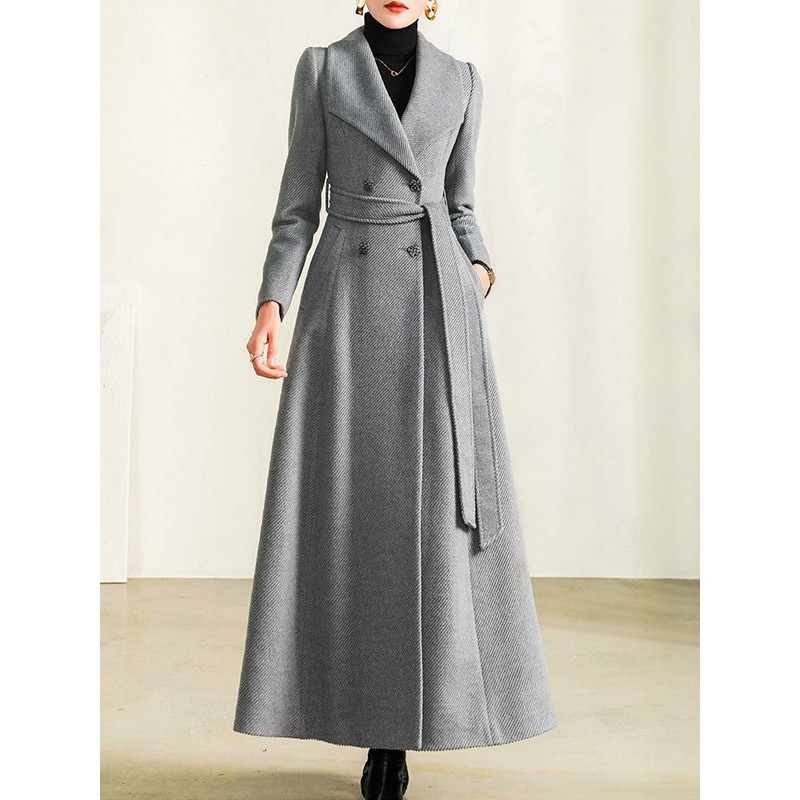 Women Wool Coat For Woman Gray Sash Winter Warm Outerwear 2023 Casual Classic  Traditional Street Wear Field Office  Career