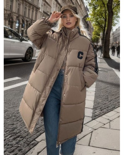 Winter Coats Drawstring Stand Collar Zipper Long Sleeves Color Block Medium Outerwear Quilted Coat