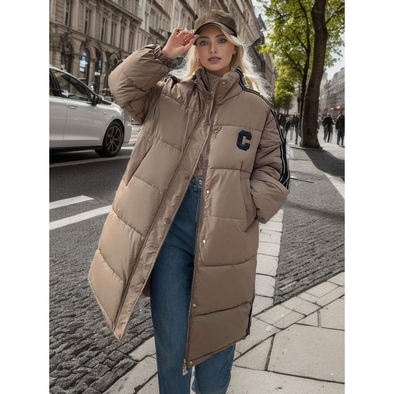 Winter Coats Drawstring Stand Collar Zipper Long Sleeves Color Block Medium Outerwear Quilted Coat