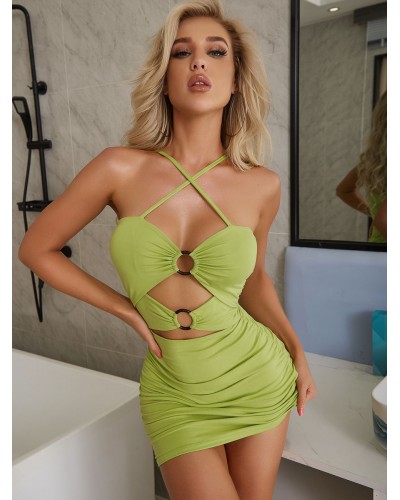 Birthday Bodycon Dresses Grass Green Straps Neck Pleated Backless Sexy Sleeveless Pencil Dress Summer Night Out Rave Club