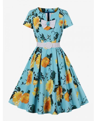 Women Vintage Dress Crewneck 1950s Audrey Hepburn Style Sash Short Sleeves Floral Print Knee Length Cyan Blue Rockabilly Dress Bodycon Daily Casual Field Party