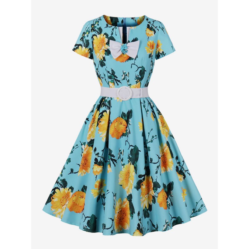 Women Vintage Dress Crewneck 1950s Audrey Hepburn Style Sash Short Sleeves Floral Print Knee Length Cyan Blue Rockabilly Dress Bodycon Daily Casual Field Party