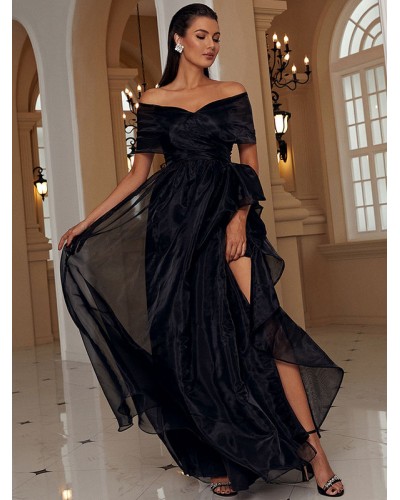 Dresses Black Bateau Neck Split Front Short Sleeves Layered Semi Formal Dress Maxi Party Graduation