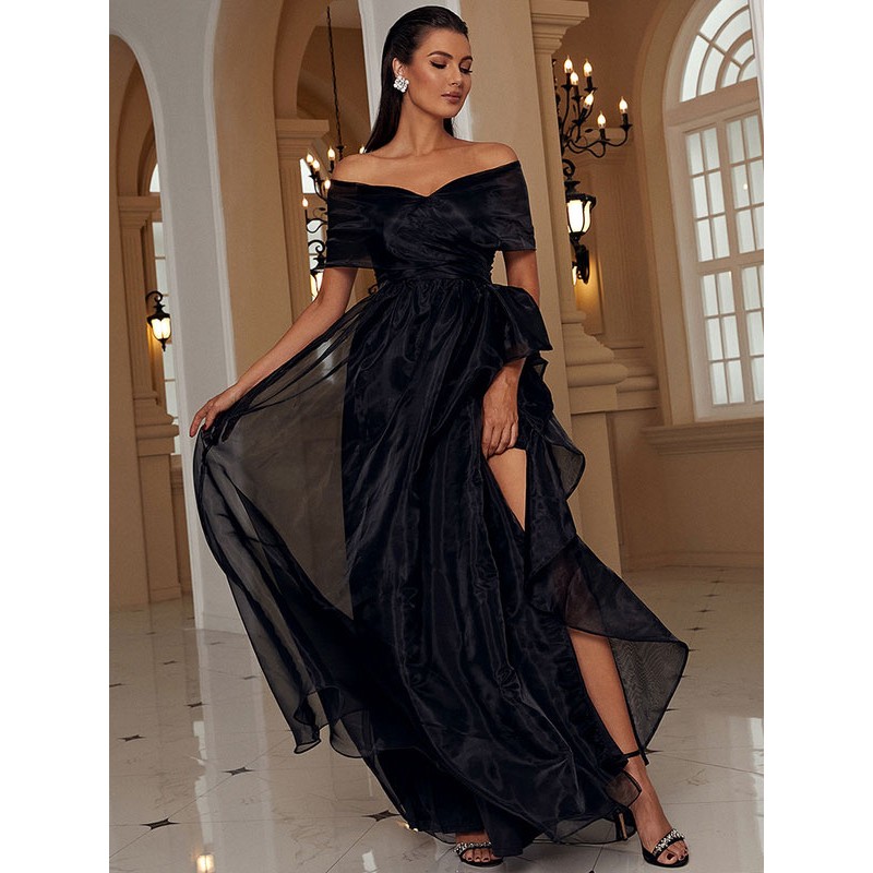 Dresses Black Bateau Neck Split Front Short Sleeves Layered Semi Formal Dress Maxi Party Graduation