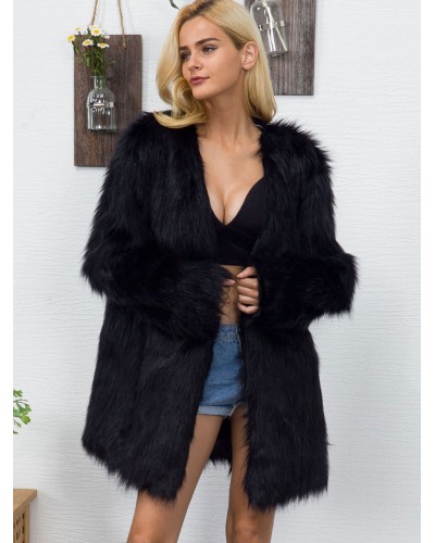 Plush Faux Fur Coat Midi Outerwear For Women Classic  Traditional Casual Fall Winter