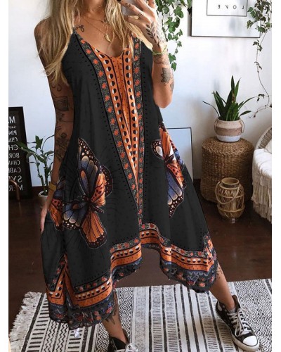 Women Maxi Dress V-Neck Sleeveless Casual Printed Asymmetrical Long Dress Bodycon Bohemian Summer