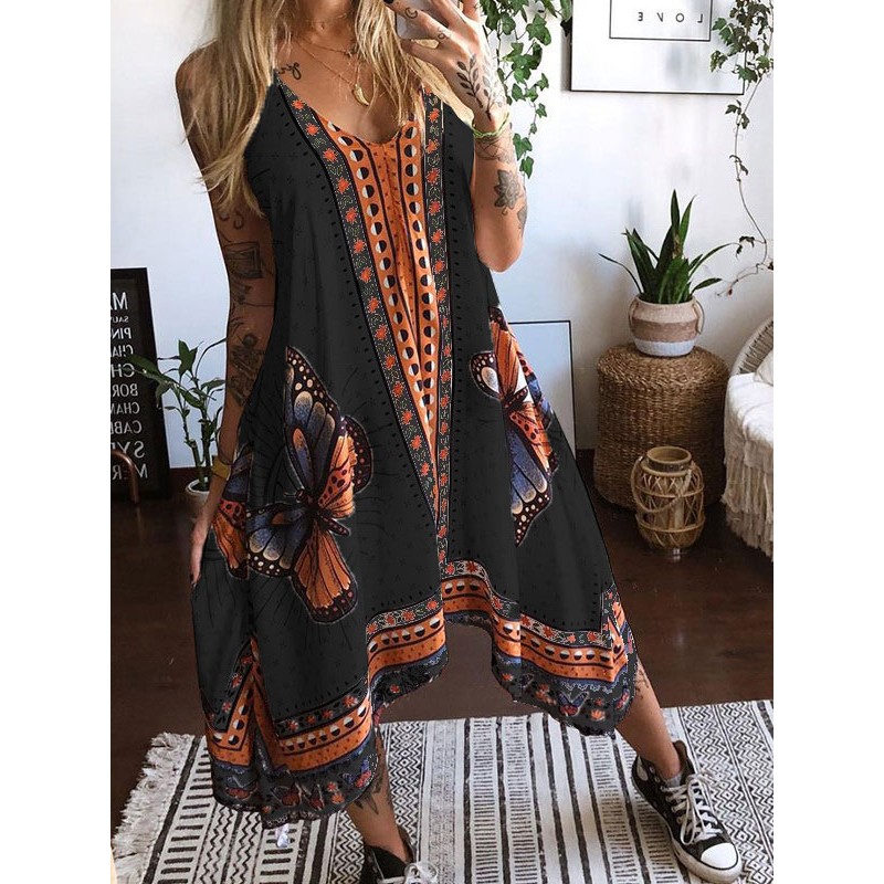 Women Maxi Dress V-Neck Sleeveless Casual Printed Asymmetrical Long Dress Bodycon Bohemian Summer