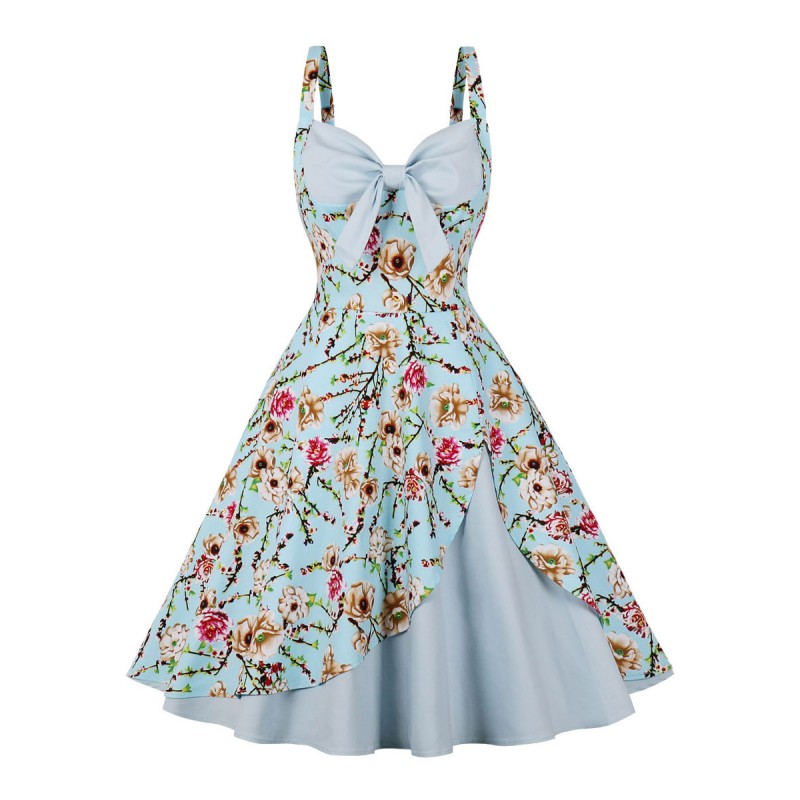 Vintage Dress 1950s Audrey Hepburn Style Backless Sleeveless Woman's Knee Length Floral Print Swing Dress Bodycon Retro Summer