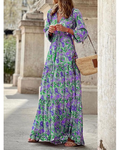 Women V-Neck Maxi Dress Long Sleeves Printed Long Dress Bohemian Casual Spring Fall