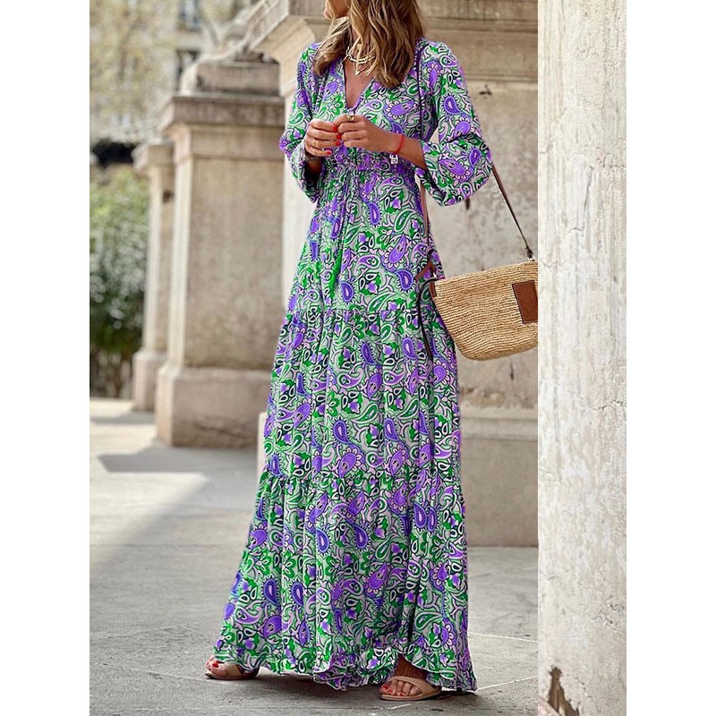 Women V-Neck Maxi Dress Long Sleeves Printed Long Dress Bohemian Casual Spring Fall