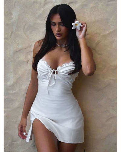 Summer Mini Dresses White V-Neck Lace Up Beach Dress Casual Street Wear