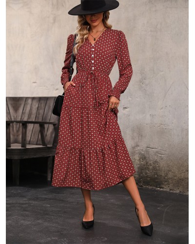 Midi Dress Printed Buttons Polyester V-Neck Long Sleeves Elegant Casual Daily Casual Street Wear