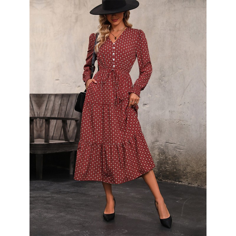 Midi Dress Printed Buttons Polyester V-Neck Long Sleeves Elegant Casual Daily Casual Street Wear