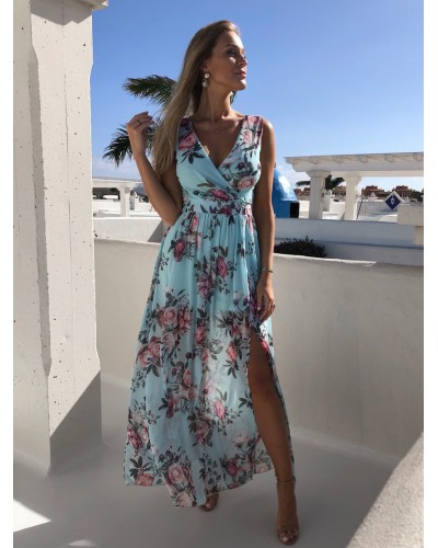 Dress Sleeveless Light Sky Blue Printed V-Neck Pleated Low Split Design Chiffon Long Dress Maxi Beach Resort Wear