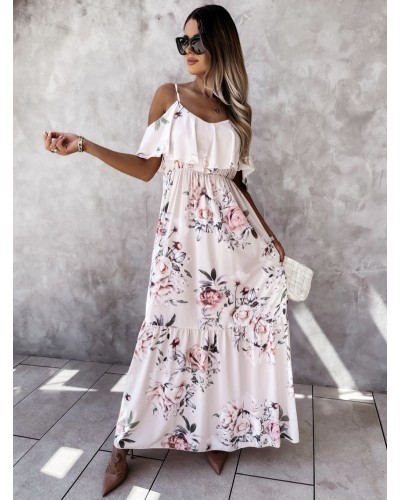 Dresses Short Sleeves Light Pink Floral Printed Straps Neck Pleated Stretch Long Dress Maxi Beach