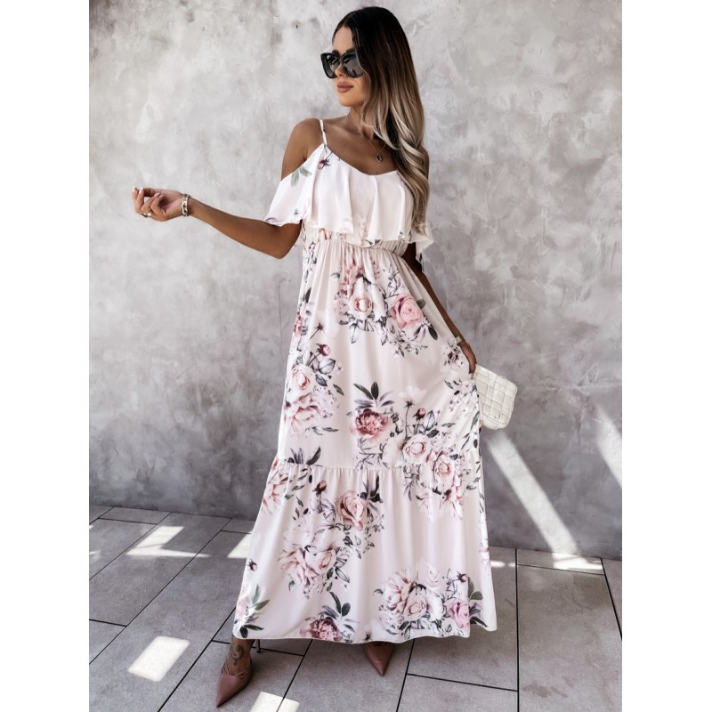 Dresses Short Sleeves Light Pink Floral Printed Straps Neck Pleated Stretch Long Dress Maxi Beach