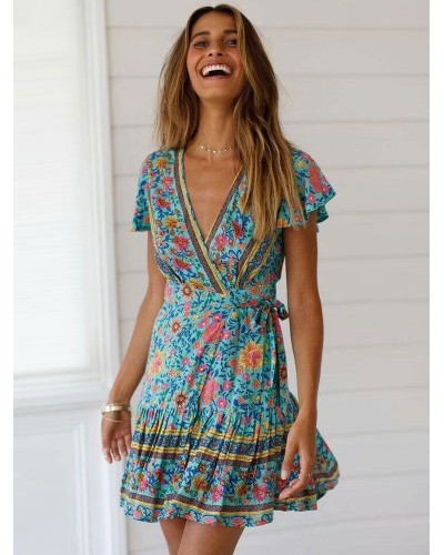 Women Floral Dresses V Neck Short Sleeve Shaping Mini Dress Summer Resort Wear