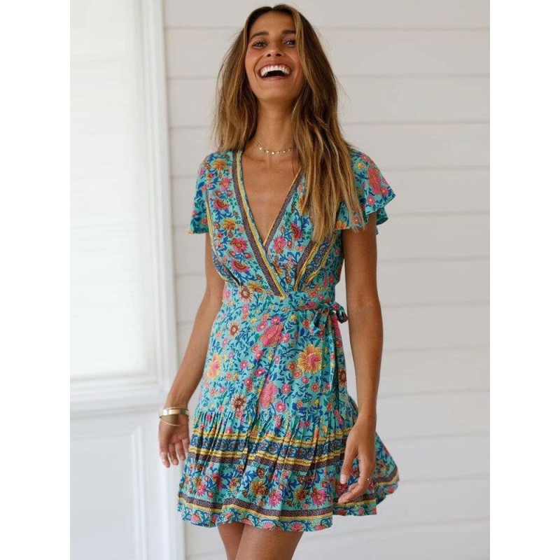 Women Floral Dresses V Neck Short Sleeve Shaping Mini Dress Summer Resort Wear