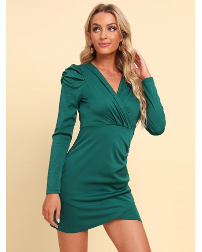 Dresses V-Neck Pleated Long Sleeves Tulip Hem Sexy Mini Dress Bodycon Daily Casual Dating