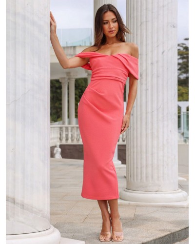 Bodycon Dresses Watermelon Red Bateau Neck Zipper Backless Chic Short Sleeves Pencil Dress Chic  Modern Casual Summer