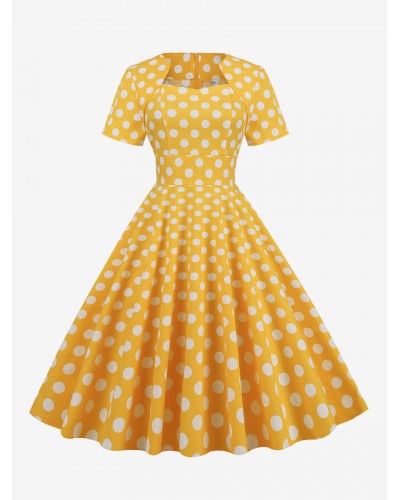 Dress Designed Neckline 1950s Audrey Hepburn Style Pleated Short Sleeves Polka Dot Medium Yellow Swing Dress Vintage Retro Spring Summer