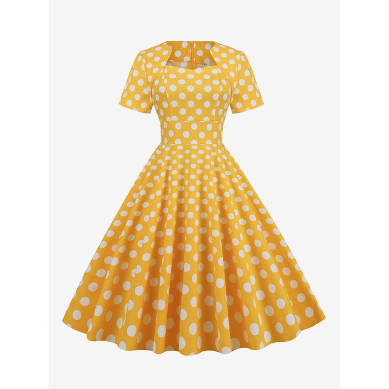 Dress Designed Neckline 1950s Audrey Hepburn Style Pleated Short Sleeves Polka Dot Medium Yellow Swing Dress Vintage Retro Spring Summer