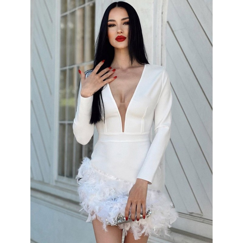 Dresses Black V-Neck Feathers Long Sleeves Asymmetrical Semi Formal Dress Mini Party