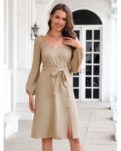 Women Midi Dress V-Neck Long Sleeves Asymmetrical Buttons Casual Dresses Bodycon Street Wear Daily Casual Dating