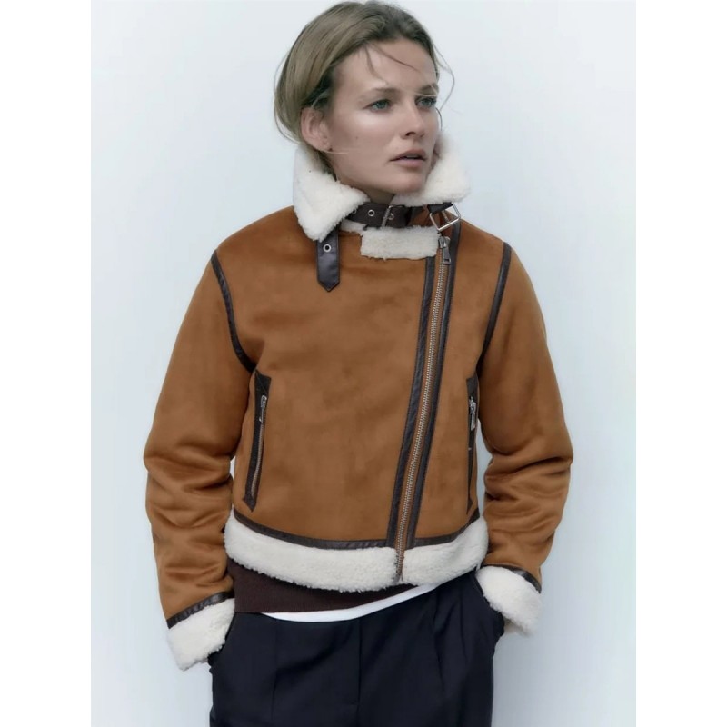 Women Jacket Turndown Collar Zipper Color Block Polyester Faux Fur Jacket