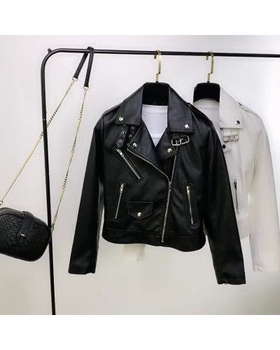 Faux Leather Moto Jacket PU Turndown Collar Zipper Style Slim Fit Lapel Spring Fall Black Biker Outerwear For Women Casual Boyfriend