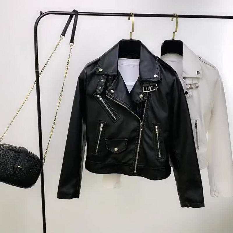 Faux Leather Moto Jacket PU Turndown Collar Zipper Style Slim Fit Lapel Spring Fall Black Biker Outerwear For Women Casual Boyfriend