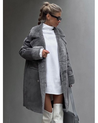 Winter Coat Lapel Plush Sleeves Solid Color Fall Winter Outerwear For Women Faux Fur Coat