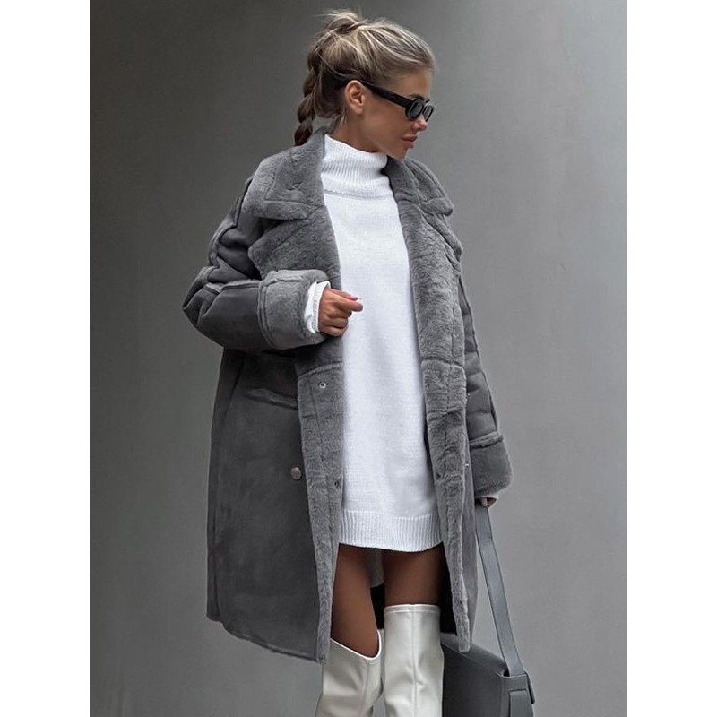 Winter Coat Lapel Plush Sleeves Solid Color Fall Winter Outerwear For Women Faux Fur Coat