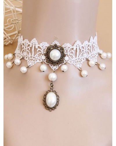 Classic Lolita Necklace Pearl Bead Lace Vintage White Lolita Choker Necklace Accessories Classic  Traditional Tea Party