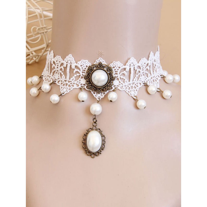 Classic Lolita Necklace Pearl Bead Lace Vintage White Lolita Choker Necklace Accessories Classic  Traditional Tea Party