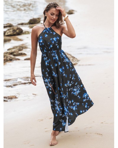 Women Print Maxi Dresses Floral Print Spaghetti Straps High-slit Split Front Halter Sleeveless Backless Front Slit Long Dress Casual Bohemian Summer