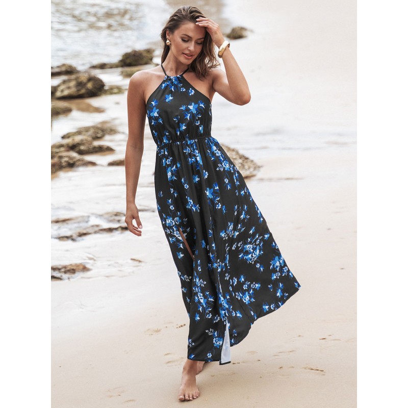 Women Print Maxi Dresses Floral Print Spaghetti Straps High-slit Split Front Halter Sleeveless Backless Front Slit Long Dress Casual Bohemian Summer