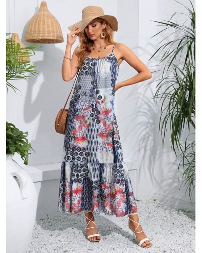 Women Shift Dresses White Straps Neck Backless Printed Adult's Fantastic Tunic Dress Maxi Summer