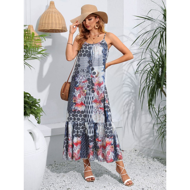 Women Shift Dresses White Straps Neck Backless Printed Adult's Fantastic Tunic Dress Maxi Summer