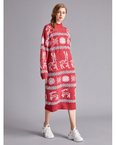 Women Christmas Knitted Dress Fashion Animal Print Acrylic Long Sleeves High Collar Dresses Winter