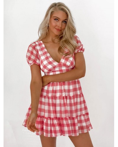 Women Barbie Pink Gingham Dresses V-Neck Plaid Beach Dress Bodycon Spring Summer Fall