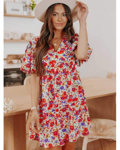 Women Dress Red V-Neck Floral Print Beach Dress Summer